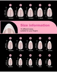 Size chart for 15 almond-shaped press-on nail sizes with precise measurements