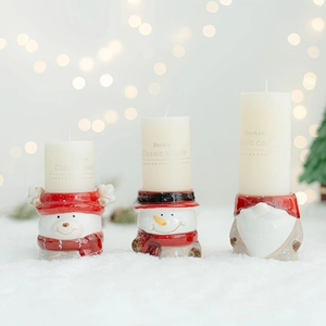 Ceramic Christmas candle holder set with Santa, Snowman and Bear figures on snow base