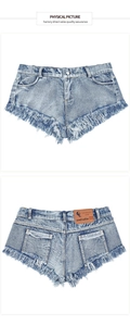Detailansicht der Vorder- und Rückseite von hellblauen Denim-Shorts mit Fransensaum