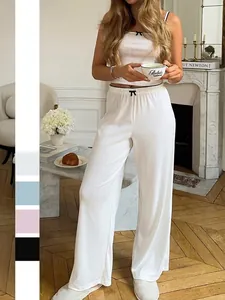 Ensemble Homewear Sexy Côtelé Y2K pour Femme Haut Et Bas Couleur Unie Camisole Et Pantalon Large Avec Nœud