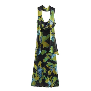 Modern abstract print sleeveless dress with matching scarf collar in vibrant colors
