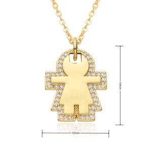 Detailed view of girl pendant with white cubic zirconia and 15mm x 19mm dimensions