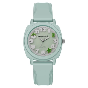Fashionable square quartz watch with embossed mint green silicone strap for women and kids