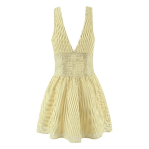 Light yellow polka dot V-neck sleeveless dress with pleated elastic waist and flared skirt