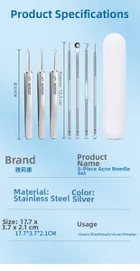 Detailed 8-piece stainless steel blackhead extractor set with storage case dimensions