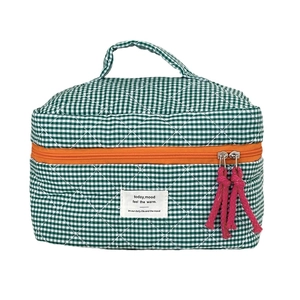 Classic green checkered quilted makeup bag with pink zipper pulls and top handle