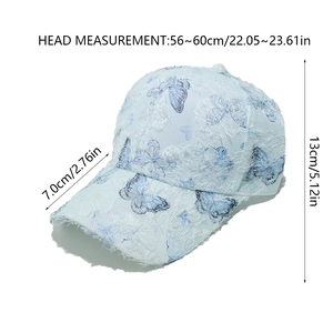Size guide for blue lace baseball cap with butterfly pattern and distressed fabric detail