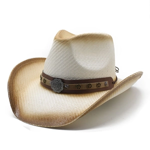 Retro spray-painted straw cowboy hat with metallic star rivets and floral buckle detail