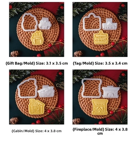 Detailed Christmas cookie cutters showing ginger house and gift bag shapes with Merry X-mas text