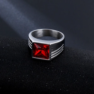 Men's square red ruby signet ring in brushed stainless steel with grooved side details