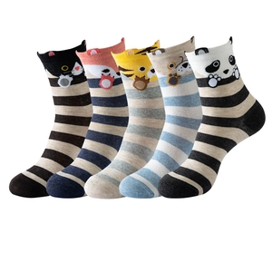 Five pairs of funny animal cotton crew socks with cat dog and panda patterns