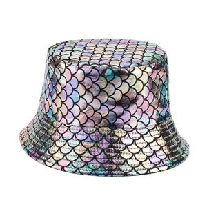 Double-sided bucket hat with holographic fish scale pattern for sun protection