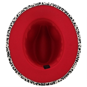 Classic red wide brim fedora hat with stylish black and white leopard print brim edge