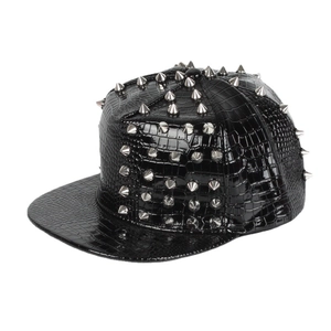 Punk Baseball Cap Crocodile Pattern PU Leather Metal Spikes Snapback Flat Brim Hip Hop Streetwear Unisex Adjustable