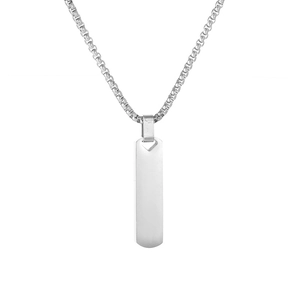 Polished silver stainless steel rectangular bar pendant necklace with box chain for men