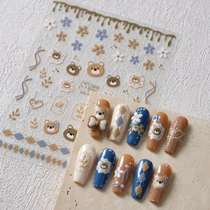 3D Relief Nail Art Stickers Cute Bear Flower Pattern Embossed Manicure Decals DIY Decoration For Women Girls