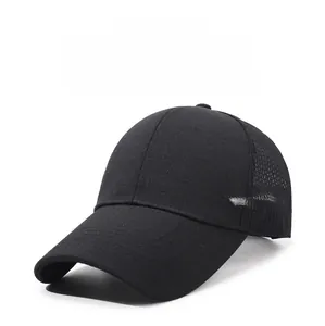Detail of classic black baseball cap with breathable mesh and side letter embroidery