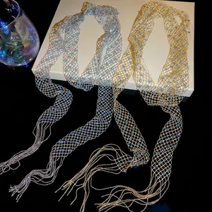 Elegant hollow mesh metal necklace with sky blue beads and tassels in gold and silver