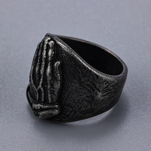 Retro stainless steel prayer hands ring with vintage silver finish and embossed detail