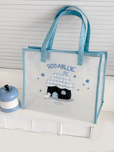 Transparent PVC beach tote bag with cute house and dog print in blue and white