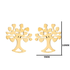 Detailed view of gold tree earrings with measurements 10mm height and 9mm width