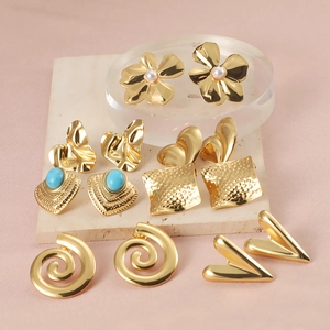 Vintage 304 Stainless Steel Stud Earrings 18K Gold Plated Geometric Heart Flower Faux Artificial Pearl Turquoise Retro Jewelry For Women