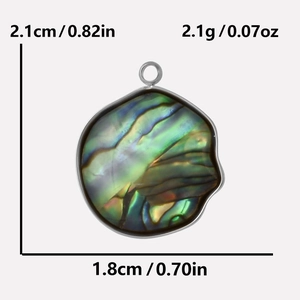 Detailed view of abalone shell pendant with measurements: 2.1cm high and 1.8cm wide