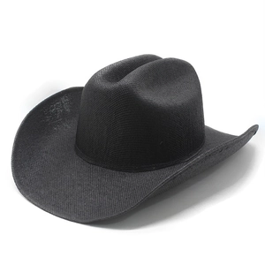Classic black woven western cowboy hat with high curved brim and teardrop crown design