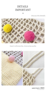Detail shot of white knitted tote bag with colorful pom-poms and braided handle