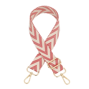 Adjustable woven replacement strap for bags with red and white V-pattern and gold hooks