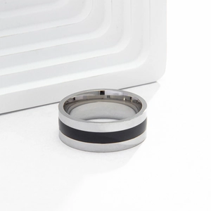 Minimalist titanium steel ring with two-tone silver and black enamel inlay design