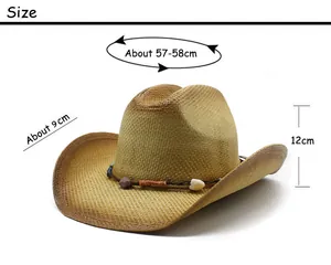 Size chart showing head circumference, brim width, and height for western straw cowboy hat
