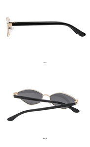 Side and back view of geometric gold metal frame sunglasses with dark grey lenses