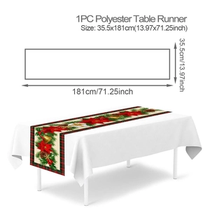 Detailed Christmas table runner with poinsettias, bells, and 35.5x181cm size parameters