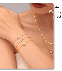 Detailed view of model wearing a gold clover jewelry set with sparkling zircon stones