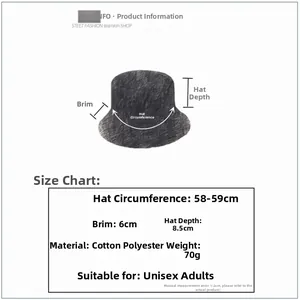 Size chart detail for tropical print bucket hat with dimensions 58-59cm and specifications