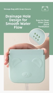 Detail showing the drainage hole at the bottom of the silicone storage pouch with bear design