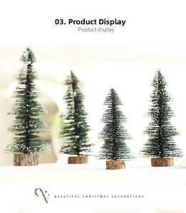 Set of four mini flocked Christmas trees with natural wood bases and snow effect