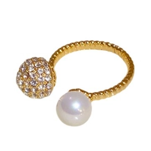 Gold open ring featuring round pearl and pave crystal sphere with spiral texture