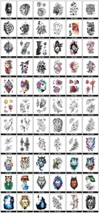 Detailed catalog of waterproof tattoo stickers featuring animals, flowers, and skulls