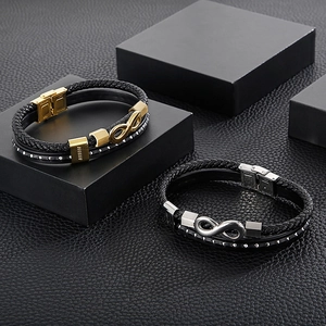 Detail of multi-layer leather bracelet with infinity clasp and stainless steel hallmark