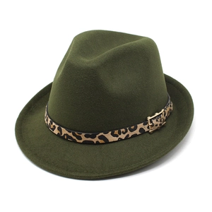 Olive green wool fedora hat with leopard print band and gold buckle on white background