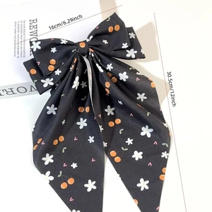 Sweet black bow hair clip with cherry floral print and long streamers for women