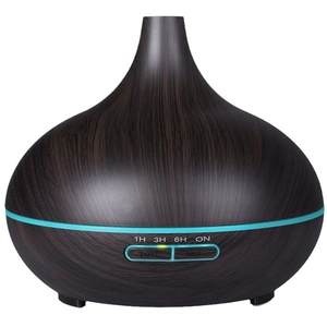 Dark wood grain ultrasonic aroma diffuser with blue LED ring and timer controls