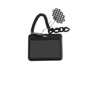 Minimalist black student card holder with spiral cord and checkerboard cloud charm