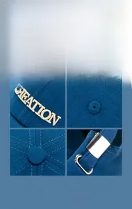 Detail of blue cotton baseball cap with 3D Creation embroidery and metal buckle