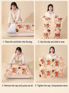 Detail guide showing four steps to use vacuum compression storage bags for quilts