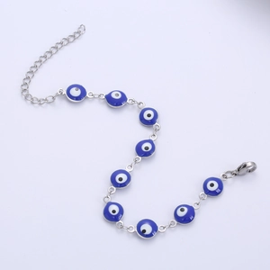 Adjustable silver evil eye bracelet with blue enamel beads and stainless steel chain