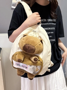 Cream Capybara backpack with plush toy and transparent pocket for high school girls