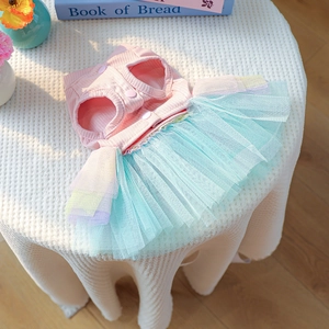 Detail of multi-layer tulle pet dress with ribbed top and button closure for small dogs
